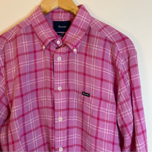 Faconnable Pink Plaid Linen Men's Dress Shirt Size Large - Picture 1 of 5